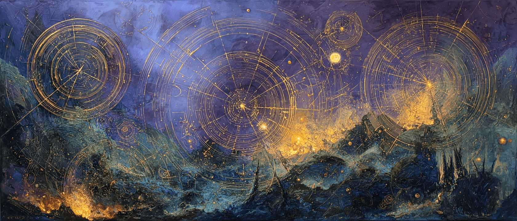 Planets aligned in space with a cosmic sunset